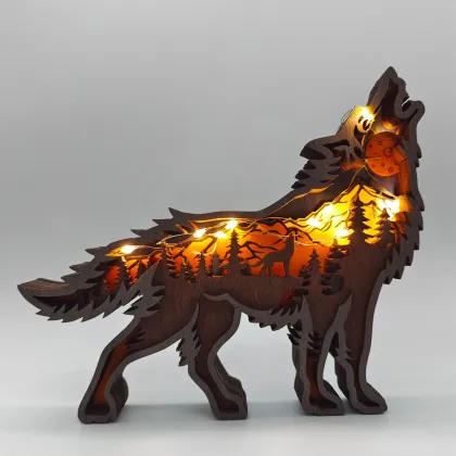 3D Carved Forest Animal Wood Crafts with LED Lights for Wall Decoration