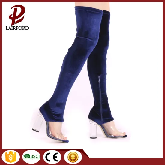 Blue suede PVC stitching over knee booties