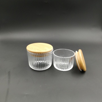 Wholesale ribbed chear glass candle jar with wood lid