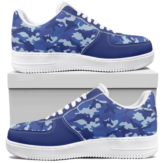 Custom Blue Camouflage AF Low Top Leather Shoes - Comfortable Drop Shipping Casual Shoes for Men and Women