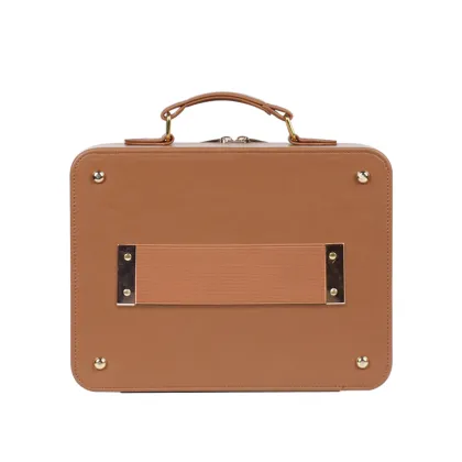 Adjustable Light Mirror Custom Brown PU Leather Makeup Bag