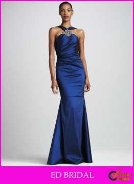 Mermaid/Trumpet Halter Ruched Bodice Floor Length Navy Blue Evening Dresses