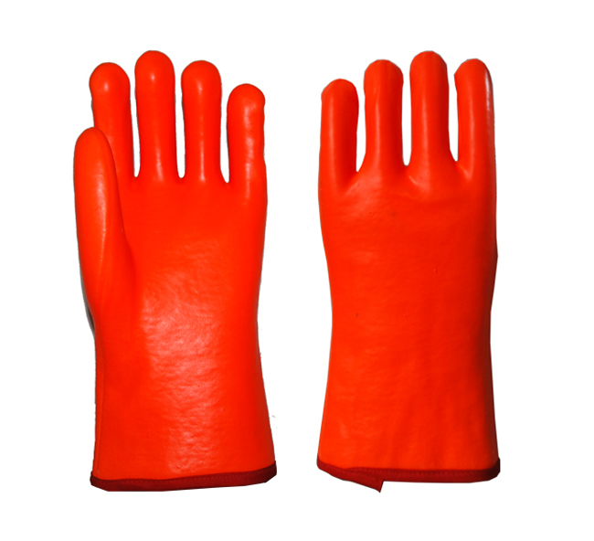 Guante de PVC con puño abierto, color naranja fluorescente y acabado liso
