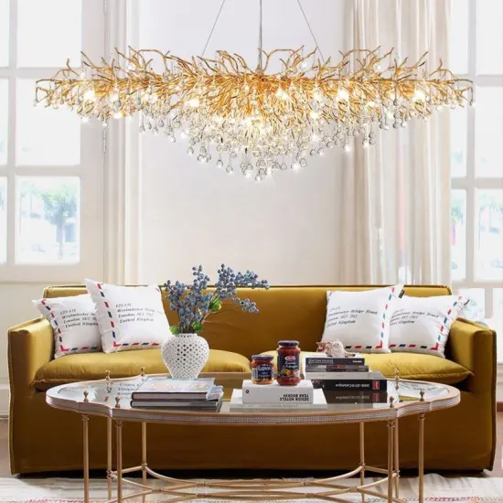 Round Pendant Crystal Light Indoor Living Room Chandelier Tree Branch Ceiling Lamp