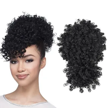 Soft Black Brown Afro Puff Hair Pieces Short Kinky Curly Drawstring Ponytail Chignon With Bangs Synthetic Hair Bun Extensions