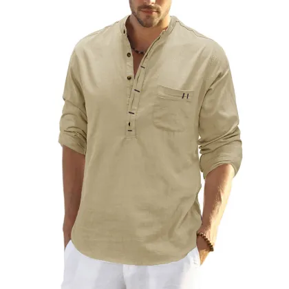 New Stand Up Collar Long Sleeved Cotton and Linen Men's Shirt