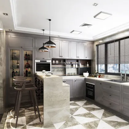 Simple Full Integral Stainless Steel Kitchen Cabinet with Island in Marble Countertop