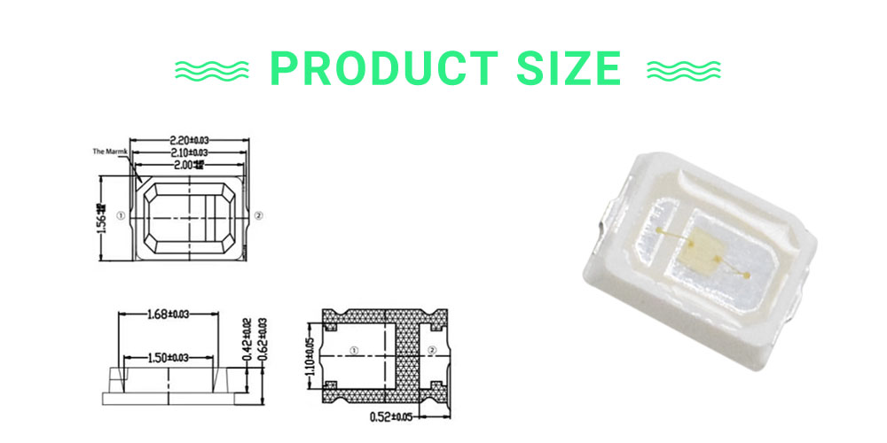 Size of 2016LGC53D5L20 SMD 2106 Green 530nm LED Emitter 0.5W SMT