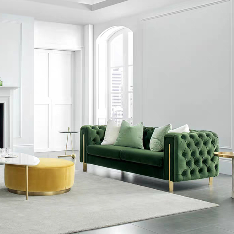 Modern American Luxury Style Couch Golden Legs Mint Green Fabric Chesterfield Tufted Velvet Living Room Sofa