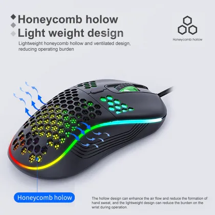 Lightweight USB Wired RGB Gaming Office Ergonomic Mouse 7200DPI Honeycomb Shell