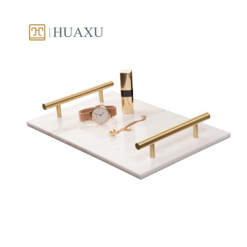 Huaxu High Quality Home Decoration Brass Handle Bianco White Marble Rectangle Serving Tray