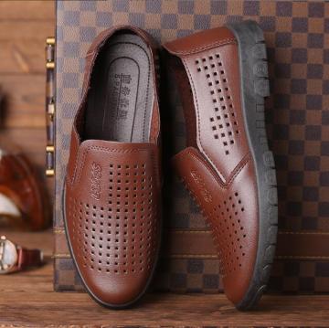 Popular Breathable Summer Leather Shoes: Stylish Men's Slip-Ons with Leather, Hollowed-Out Design and Flat Bottom