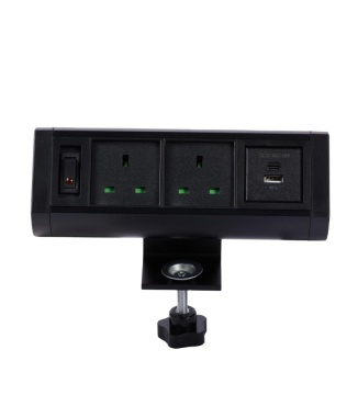 Black and Silver 3-Way Plug-In Desktop Socket with Clamp and Tabletop Power Socket Box for Kitchen and Office
