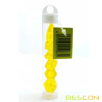 Bescon Mini Polyédrique Translucide RPG Dice Set 10MM, Petit jeu de rôle RPG Jeu Dice Set D4-D20 en Tube, Jaune Transparent