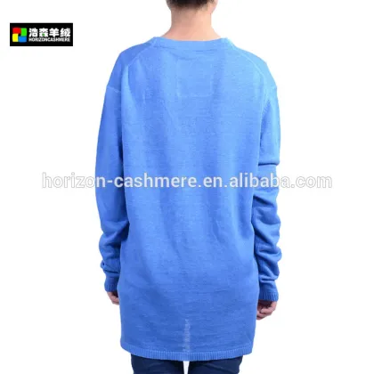 Fashion Pure Blue Linen Sweater, Women Long Loose Sweater