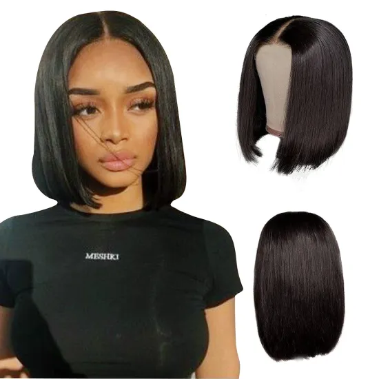 100% natural black short bob wig with bangs for black women, brazilian virgin remy straight human hair fringe bob style cut wig