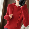 Hooded pull-cord wool knit jumper