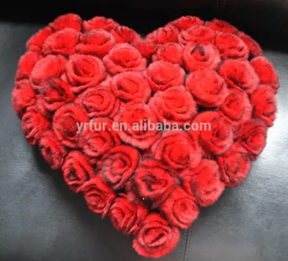YR092 Top Quality Rose Flower Real Rex Rabbit Fur Cushions/Wedding Figt/valentine's Gift Fur Pillow