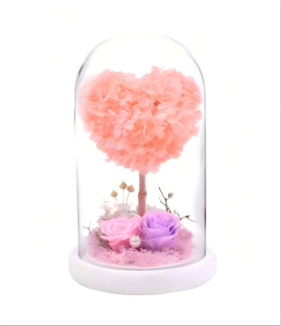 Pink Heart-Shaped Preserved Tree Glass Dome