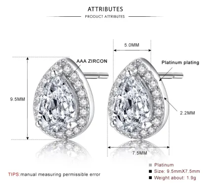 Halo Stud Earrings 18K White Gold Plated Waterdrop Square Brillant Cut Earrings