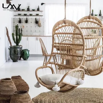 Garden Patio Hanging Egg Chair with Rattan Weave and Cushions