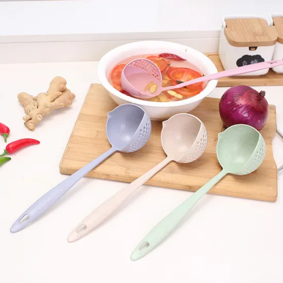 2-in-1 Wheat Straw Soup Cutlery with Long Handle Strainer - Colorful Kitchen Strainer & Colander Tool for Dinnerware