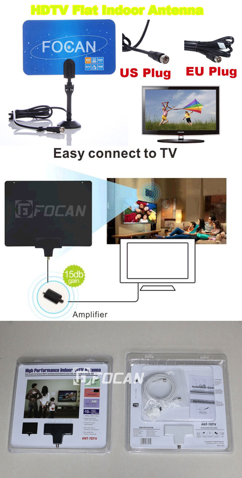 Digital Indoor TV Antenna & HD TV HDTV DTV VHF UHF Flat High Gain Antenna