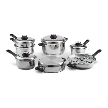 Surgical Stainless Steel 304 Cookware Set - Waterless Greaseless 17pc Pot and Pan Set with Wide Rolled Edge