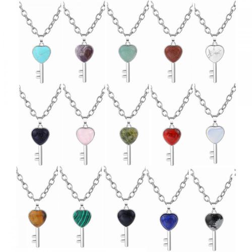 Gemstone Heart Shape Key Chain Necklace Natural Stone Pendant Necklace