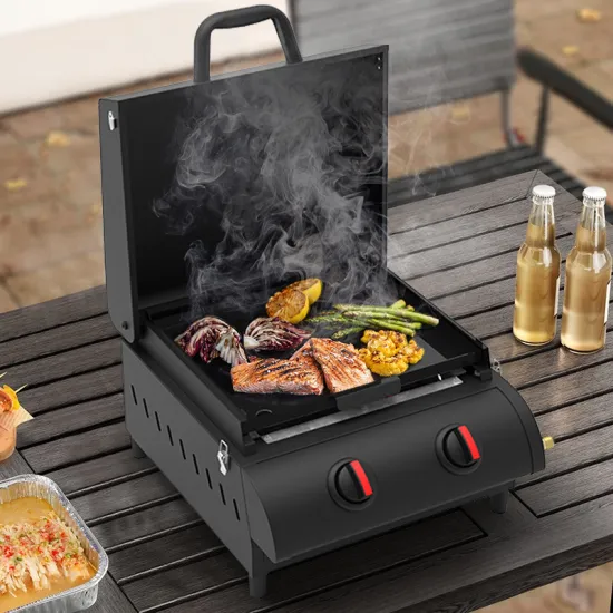 Portable Tabletop Gas Barbecue Plancha Grill Mini Steel Double Burner Gas Bbq Flat Top Grill