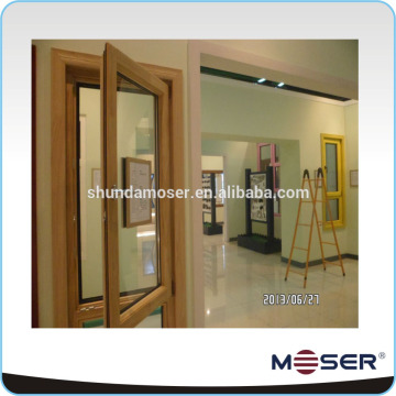 Oak wood screen windows in German style casement opening with mosquito net