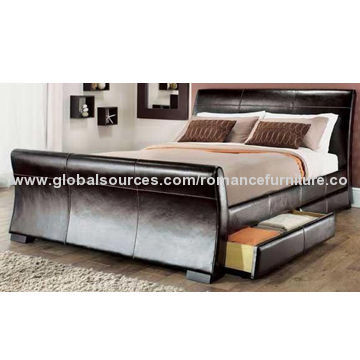 Brown Leather Bed with Drawer, Available in Various Colors and Sizes