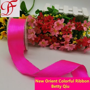 Popular Hot Sale Prrety Pink Satin Ribbon with Silver/Gold Edge for Wedding/X-Mas/Gift Packing