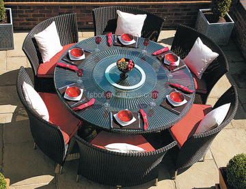 AA3005: Black Rattan Outdoor Furniture Set with Glass Top Round Dining Table and Rotating Center