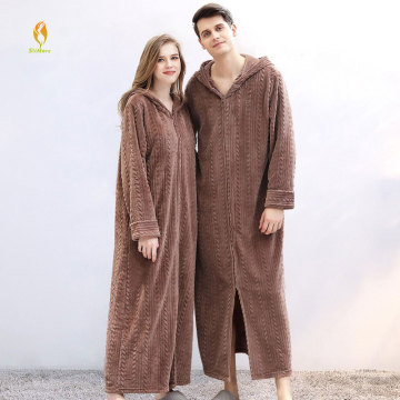 High Quality Zipper Heavy Long Hooded Bathrobe 280gsm Flannel Fleece for Men and Women
