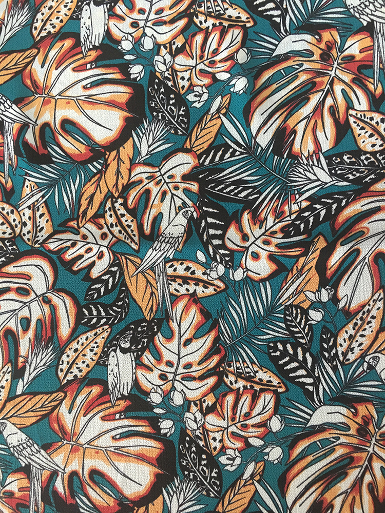 Tissu d&#39;impression en mousseline de soie en polyester à feuilles tropicales