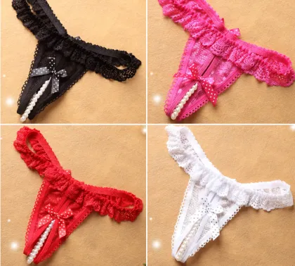 Sexy Sequin Embroidery Open Crotch Transparent Low Waist T-Pants Panties
