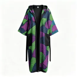 Abstract Geometric Print Hooded Robe Purple Green Psychedelic Longline Duster