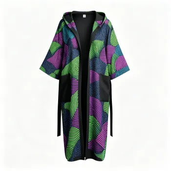 Abstract Geometric Print Hooded Robe Purple Green Psychedelic Longline Duster