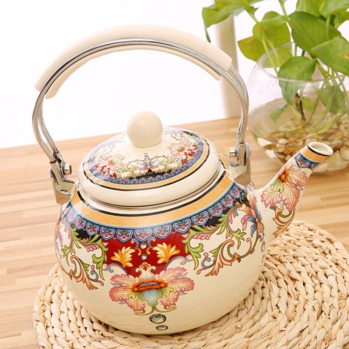 Round Shape Pot Full Decale Flower Traditional Enamel Kettle White Top Bead