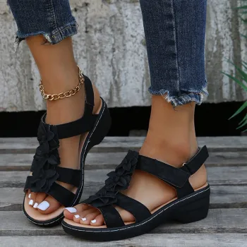 Summer Sandals: New Hollowed Out Wedge Heel Flowers Casual Comfortable Large Size Women's Shoes