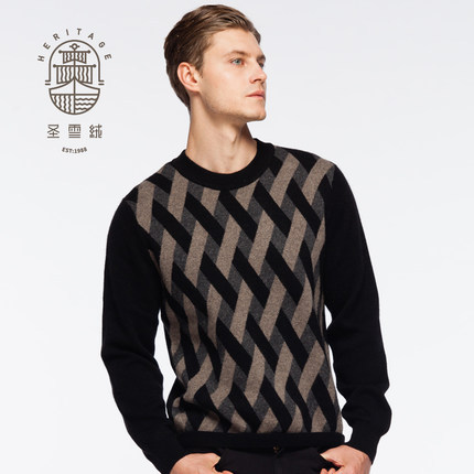 Mens pure cashmere crew neck jacquard sweater