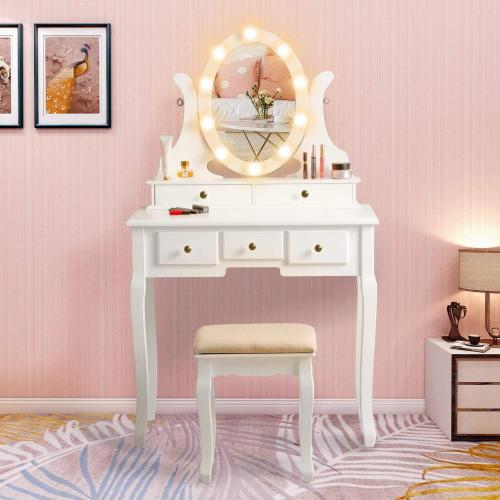 Makeup Dressing Table and Cushioned Stool Set
