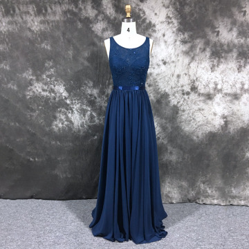 Beaded Lace Satin Appliqued Round Neckline Ruffled Dark Blue Prom Dress