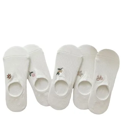 Summer Thin Cartoon Embroidered Invisible Anti-Slip Cotton Boat Socks for Women