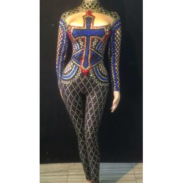 Fashion Rhinestones Jumpsuit Big Stretch Dance Wear Bodysuit Women Singer Performance Show Outfit