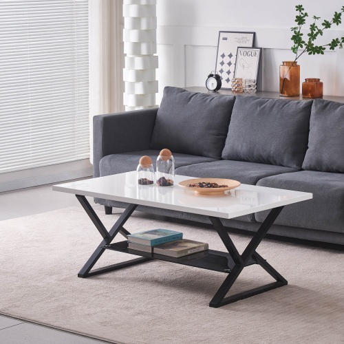 Mesa de Centro de Mármol Blanco y Negro con Acabado de Alto Brillo