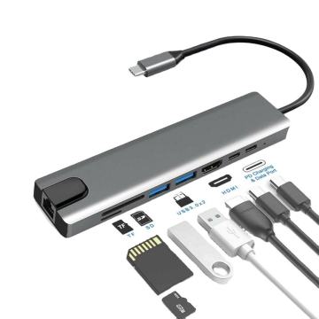 8 in 1 USB-C Hub Adapter: Type-C to 4K 60Hz Converter with Ethernet 3.0, USB Charging Station Dock