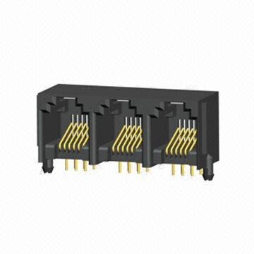 Unshielded RJ11 Telephone Connector, Through Hole Type, Side Entry, with Flange, Multiple Ports