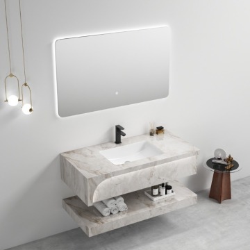 Modern Hotel Ceramic Basin with LED Vanity and Copper Fixtures